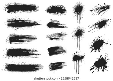 Black ink splatters set elements in flat graphic design. Collection of brush strokes and ink spots with messy grainy texture, grimy paintbrush stains and blobs with rough edges. Vector illustration.