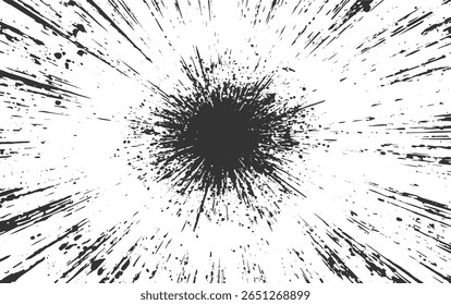 Manchas e listras de tinta preta irradiam para fora de um ponto central em um fundo branco.