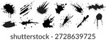 Black ink splatters in various shapes and sizes. Ink splatters create dynamic, artistic effects. Use ink splatters for creative backgrounds and textures. Element vector set.