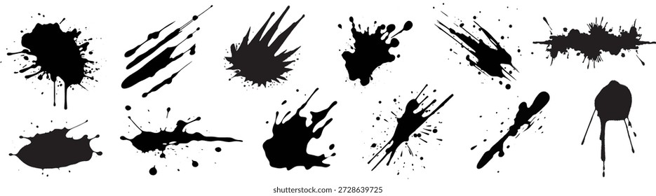 Manchas de tinta preta em várias formas e tamanhos. Manchas de tinta criam efeitos artísticos dinâmicos. Use manchas de tinta para planos de fundo e texturas criativos. Vetor de elemento definido.