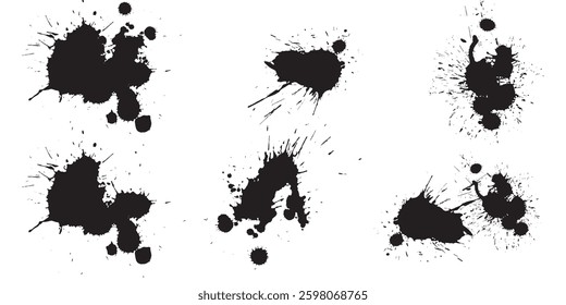 Black Ink Splatters Vector: White Background, Unique Shapes, Raw Texture, Expressive Design, Ink Drop Collection, Matte Black, Contrasting Colors, Graphic Element, Ink Dispersion.