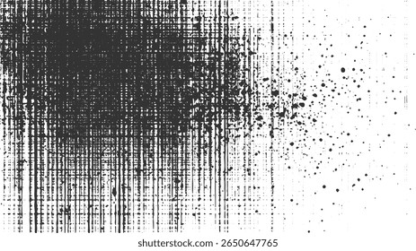 Black ink splatters and vertical lines transition to a white background with scattered dots creating a grainy texture. The overall mood is abstract and slightly distressed.