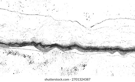 Black ink splatters and wavy lines create a textured abstract pattern on a white background.