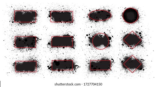 Black ink spots collection with frame. Dirty artistic design elements boxes for text. Grunge brush splatted stains, black paintbrush splash frame grunge sprayed. Inks drops borders. Vector set