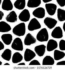 Black ink spots hand drawn vector seamless pattern. Paint grunge stains abstract texture. Dirty, rough smudges monochrome background. Round shapes minimal wallpaper, wrapping, textile print design