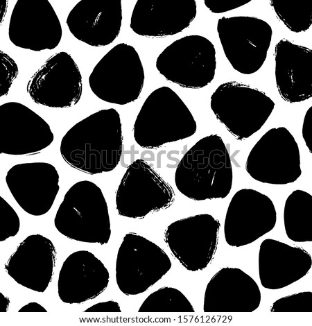 Black ink spots hand drawn vector seamless pattern. Paint grunge stains abstract texture. Dirty, rough smudges monochrome background. Round shapes minimal wallpaper, wrapping, textile print design