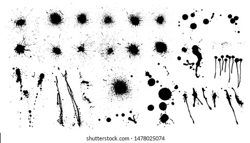 Black ink spots set. Inked splatter dirt stain spatter spray splashes. High quality manually tracked. Drops blots isolated vector set. Black ink blow explosion. Splatter grunge set. Isolated set ink