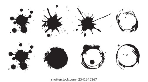 Black ink spots set. Inked splatter dirt stain spatter spray splashes.