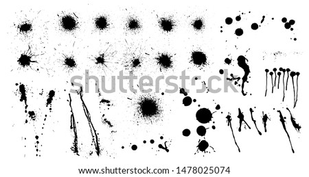 Black ink spots set. Inked splatter dirt stain spatter spray splashes. High quality manually tracked. Drops blots isolated vector set. Black ink blow explosion. Splatter grunge set. Isolated set ink