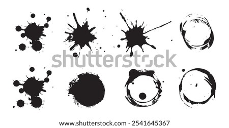 Black ink spots set. Inked splatter dirt stain spatter spray splashes.