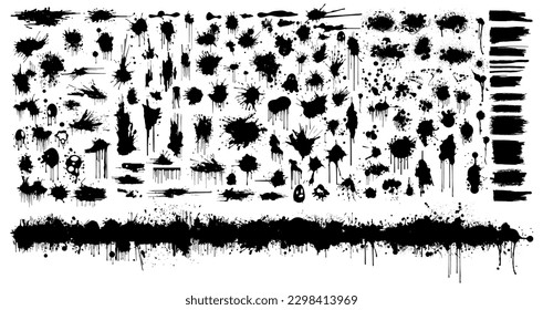 Black ink spots set on white background. Ink illustration.