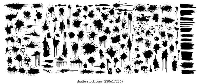 Black ink spots set on white background. Ink illustration.