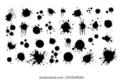 Black ink spots set on white background. Ink illustration.