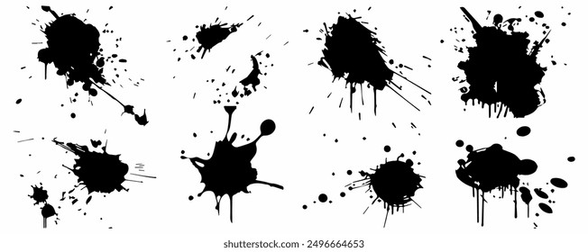 Manchas de tinta negra sobre fondo blanco. Ilustración de tinta. Conjunto de Formas de salpicadura.