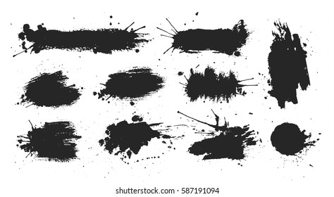 Black ink spots set on white background. Ink illustration.