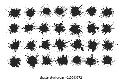 Black ink spots set on white background. Ink illustration. Brush strokes set.