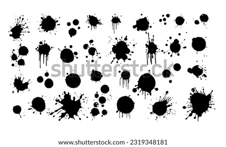 Black ink spots set on white background. Ink illustration.