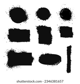 Rectángulo de la tinta negra y marcos de círculo. Textura urbana de salpicadura para carteles, logo y afiches. Siluetas abstractas vectoriales aisladas en fondo blanco