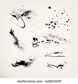 Black Ink Spray. Set Of Grunge Painting On Isolated Background. Abstract Vector Illustration. Design Elements For Your Projects