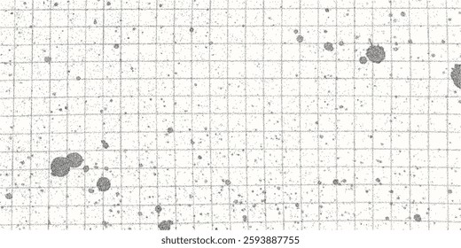 Black ink spray splatter on textured checkered paper sheet, tiny splashes and gritty halftone pattern, minimalistic background.