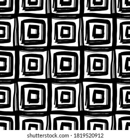 Black ink squares isolated on white background. Geometric monochrome seamless pattern. Vector flat graphic hand drawn illustration. Texture.