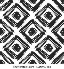 Black ink squares and rhombuses isolated on white background. Monochrome geometric seamless pattern. Vector flat graphic hand drawn illustration. Texture.