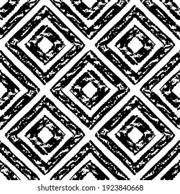 Black ink squares and rhombuses isolated on white background. Monochrome tiled geometric seamless pattern. Vector flat graphic hand drawn illustration. Texture.