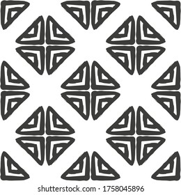Black ink squares, rhombuses and triangles isolated on white background. Monochrome geometric seamless pattern. Flat silhouette. Hand drawn vector graphic illustration. Texture.
