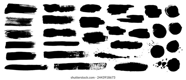 Black ink stains mega set in flat graphic design. Collection elements of abstract grunge paint shapes with torn borders, messy watercolor stroke paints, rough paintbrush texture. Vector illustration.