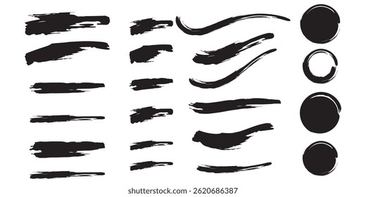 A tinta preta tinge os elementos do mega set em um design gráfico plano. Agrupe objetos de padrões de traçado de pincel áspero e bolhas de tinta suja com arestas grunge em diferentes formas abstratas. 