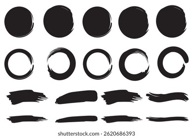 Black ink stains mega set elements in flat graphic design. Bundle objects of rough brush stroke patterns and dirty paint blobs with grunge edges in different abstract forms. 