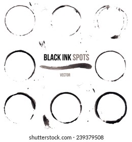 Black Ink Stains On White Background. Vector Set Of Grunge Circle Spots