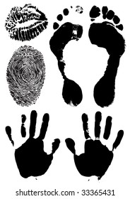 black ink stamps of human hands, foots, lips and finger - vector illustration