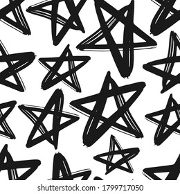 Black ink stars isolated on white background. Outline silhouette drawing. Geometric monochrome seamless pattern. Vector flat graphic hand drawn illustration. Texture.