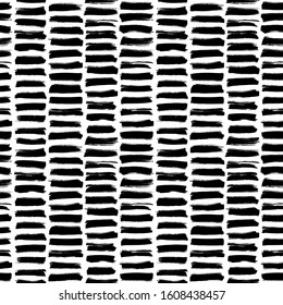 Black Ink Striped Hand Drawn Vector Seamless Pattern. Vertical Short Lines Printmaking Texture. Grunge Dry Brushstrokes Decorative Background. Monochrome Minimal Wallpaper, Textile Design Idea