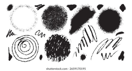 Black ink style splash, blobs and stains textures made with paint. Grunge dirty shapes as design elements. Vector graphic resources.