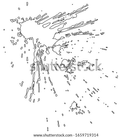 Black ink style splash, blobs, stains brushes, textures. Grunge dirty shapes and outline for your design. ink splash, brushes, droplets, blots. Black splatter background isolated. Hand draw spray