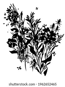 Black ink tattoo floral bouquet isolated on white. Flat background made of meadow plants, herbs and flowers. 