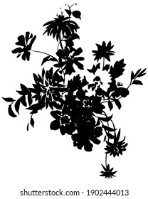 Black ink tattoo silhouettes of garden plants and wild flowers bouquet. Summer floral illustration isolated on white. Florals shadows ornament.