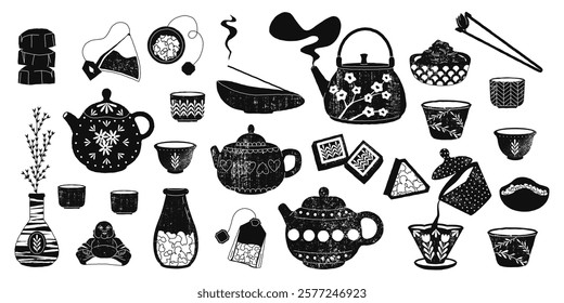 Black ink tea sketch. Hand drawn traditional tea ceremony menu elements, chinese japanese asian teapot cup kettle tray scoop. Vector isolated set.