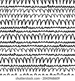 Curvas delgadas de tinta negra con líneas onduladas aisladas sobre fondo blanco. Patrón monocromo a rayas sin fisuras. Dibujo gráfico plano vectorial simple a mano. Textura.
