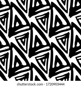 Black ink triangles isolated on white background. Geometric abstract seamless pattern. Hand drawn vector graphic illustration. Texture.