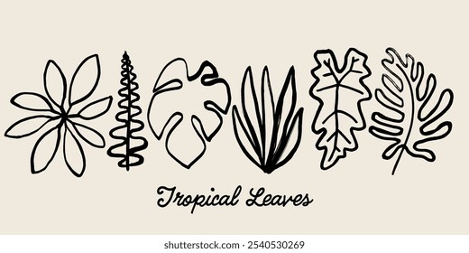 Coleção de folhas de palmeira tropical de tinta preta. Escova seca mão pintado exótico conjunto de folhas de selva. Escova linear traça esboço com plantas de folhagem subtropical. Safári abstrato desenhado à mão deixa impressão.