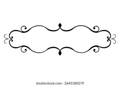 A black ink vector illustration of a decorative frame with swirling elements on a white background. The style is elegant and ornate.