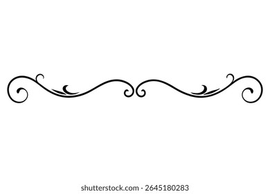 A black ink vector illustration of a decorative border featuring swirling lines and floral motifs against a white background. The style is elegant and vintage.