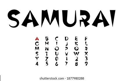 Black ink vector letters, cartoon bold font concept in japanese and chinese style for asian headline, monogram and logo. Samurai and ninja alphabet.