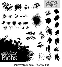 Black ink vector stains, spray splash, blobs and brush strokes. Drops and inky splashes. Vector set of grunge blobs, brush stains and strokes. Design elements. EPS 10.