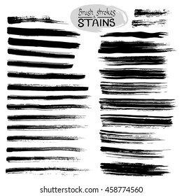 Black ink vector stains and strokes. Vector set of grunge brush strokes.