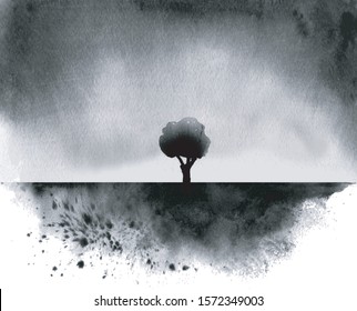 Black ink wash painting with a tree under the rain in field. Traditional Japanese ink wash painting sumi-e