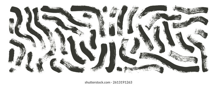 Black ink wavy brush stroke streak lines. Hand drawn dark vector long thick shapes. Paintbrush dye linear scribble elements set isolated on white background. Marker grunge curved stripes.